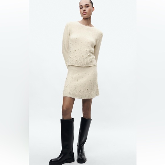 ZARA 2 PIECES MATCHING SET KNIT SWEATER WITH PEARLS AND PEARL KNIT MINI SKIRT - Picture 12 of 16